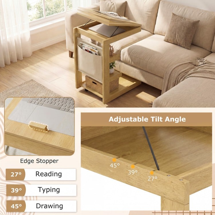 C-shaped End Table with Wheels and Adjustable Desktop for Sofa Couch Bedside-Natural