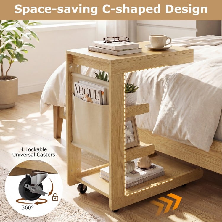 C-shaped End Table with Wheels and Adjustable Desktop for Sofa Couch Bedside-Natural