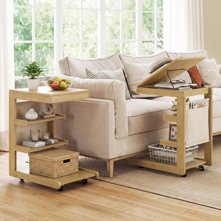 C-shaped End Table with Wheels and Adjustable Desktop for Sofa Couch Bedside-Natural
