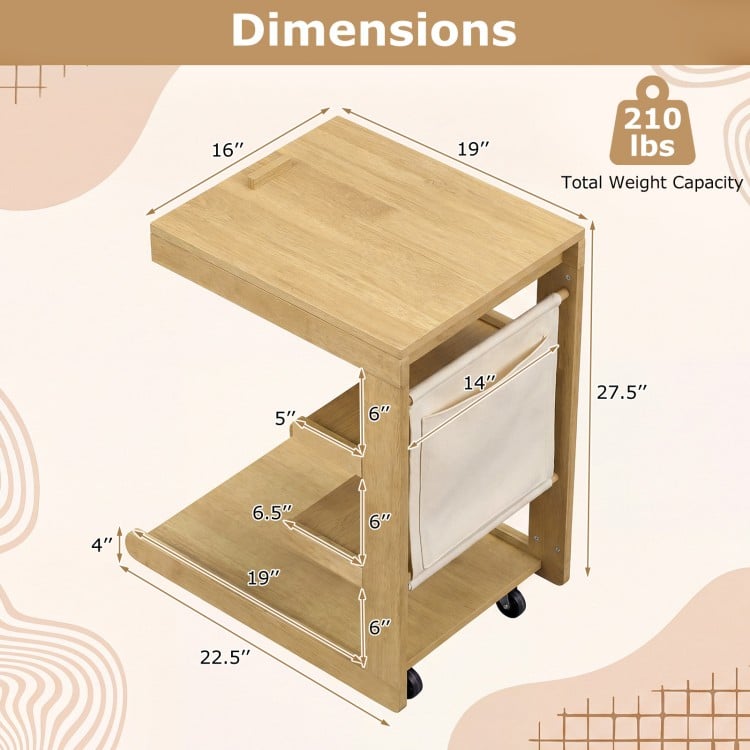 C-shaped End Table with Wheels and Adjustable Desktop for Sofa Couch Bedside-Natural
