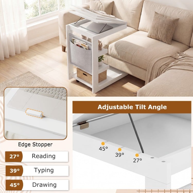 C-shaped End Table with Wheels and Adjustable Desktop for Sofa Couch Bedside-White