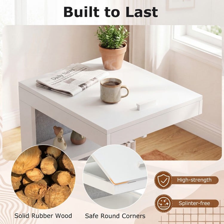 C-shaped End Table with Wheels and Adjustable Desktop for Sofa Couch Bedside-White