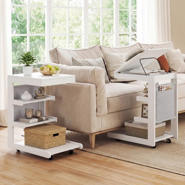 C-shaped End Table with Wheels and Adjustable Desktop for Sofa Couch Bedside-White