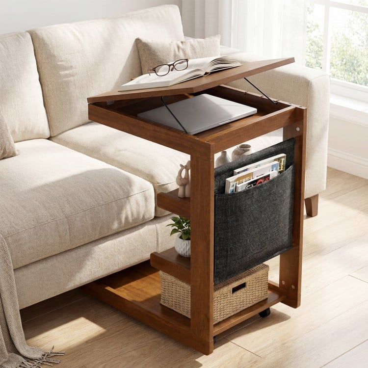 C-shaped End Table with Wheels and Adjustable Desktop for Sofa Couch Bedside-Brown