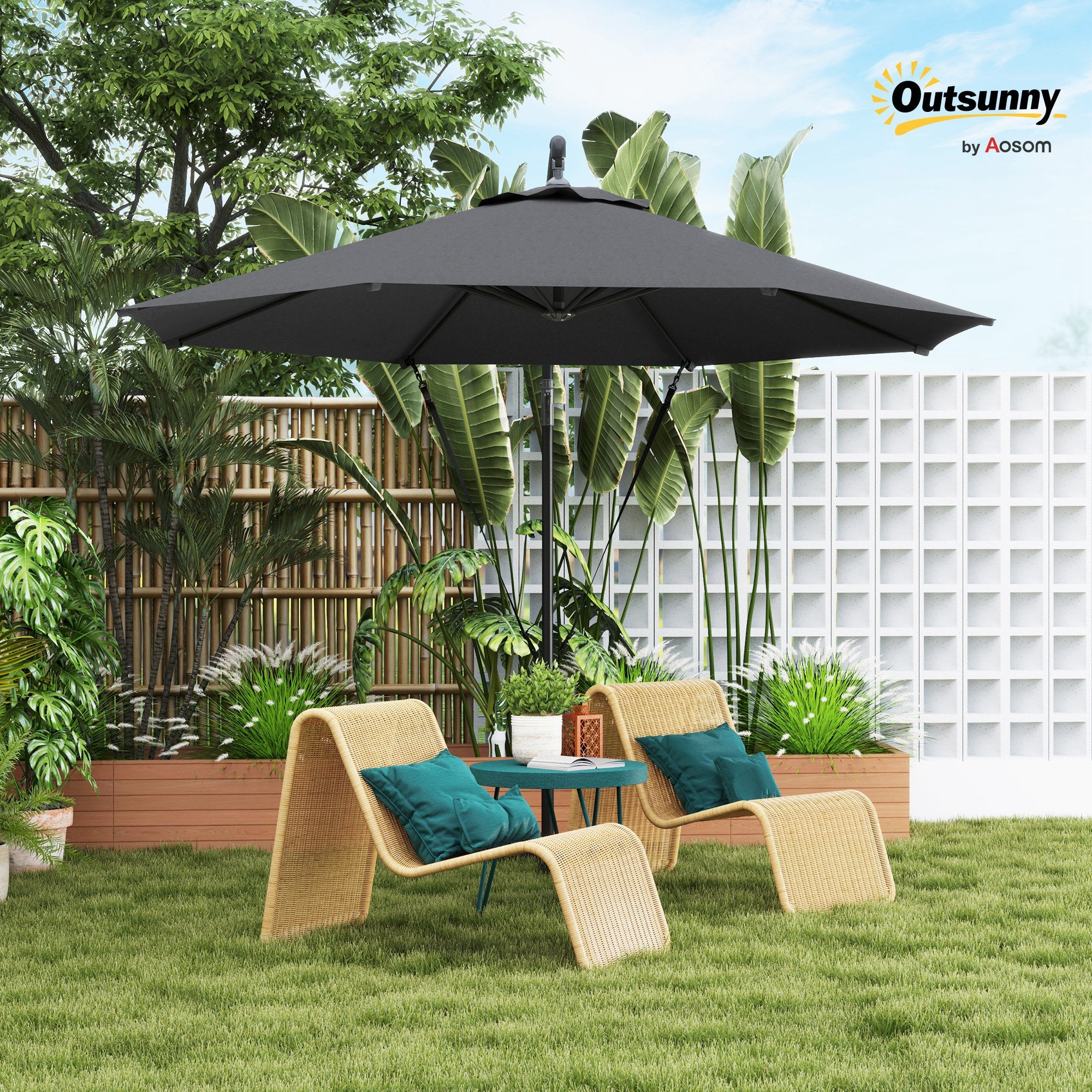 Outsunny 9.5' Cantilever Umbrella with Wind Protection Strap and Cover, Hanging Umbrella with Crank and Cross Base, UPF 50+, Grey 
