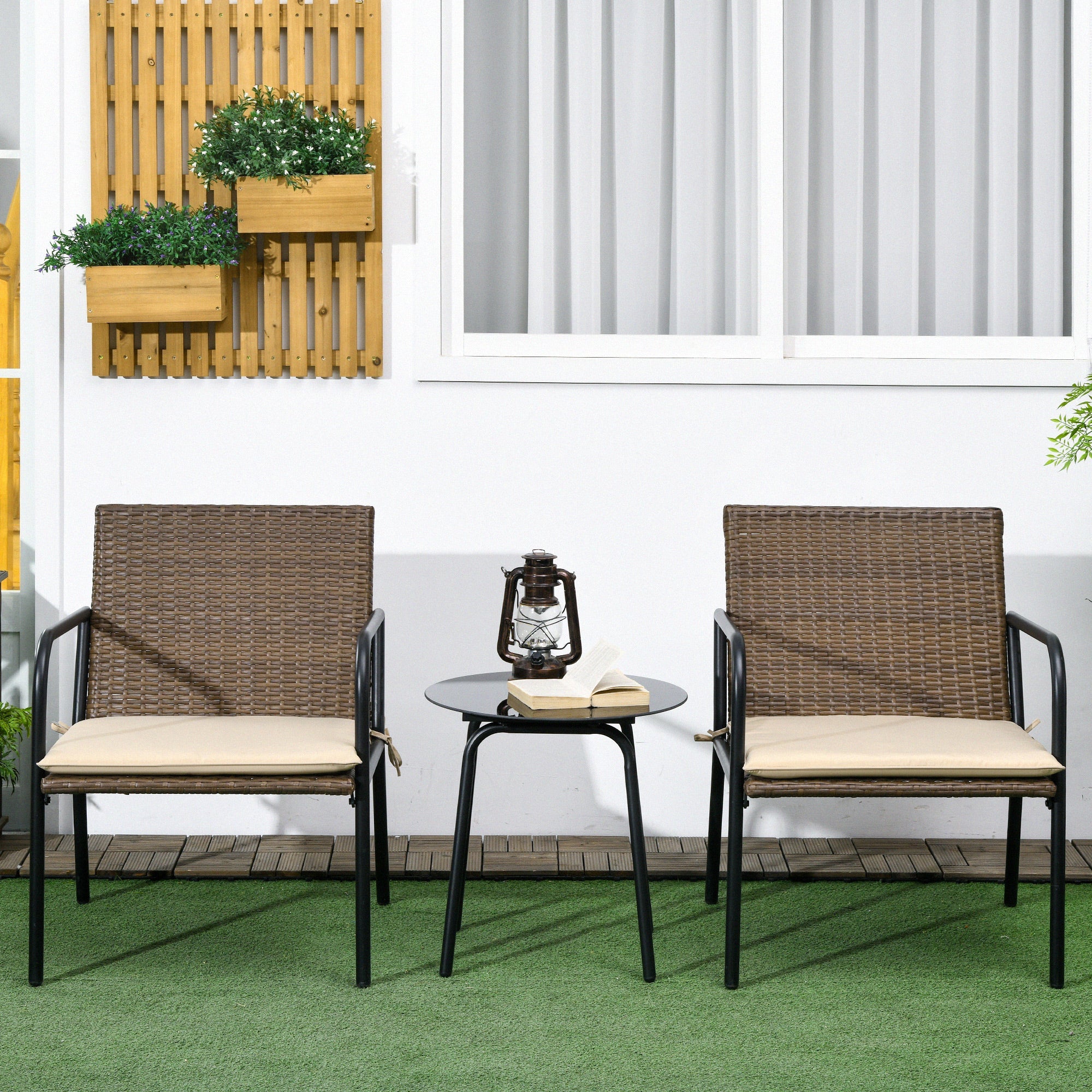 Outsunny 3 Pieces Outdoor Wicker Furniture Set with Soft Cushions Tempered Glass Coffee Table for Garden, Backyard, Khaki 
