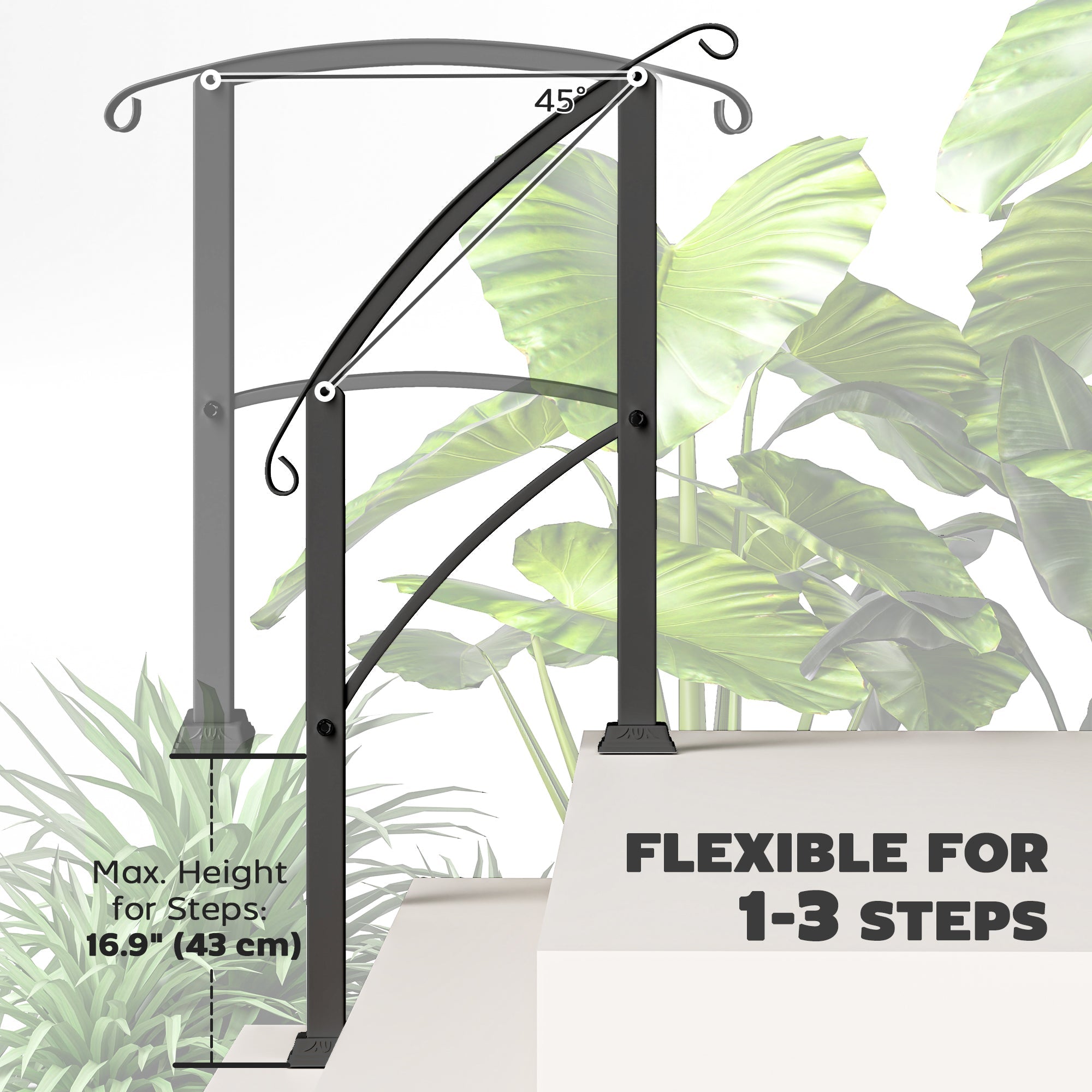 Outsunny 1-3 Step Handrails for Outdoor Steps, Porch Deck Railing, Metal Outdoor Stair Railing with Installation Kit, Black 