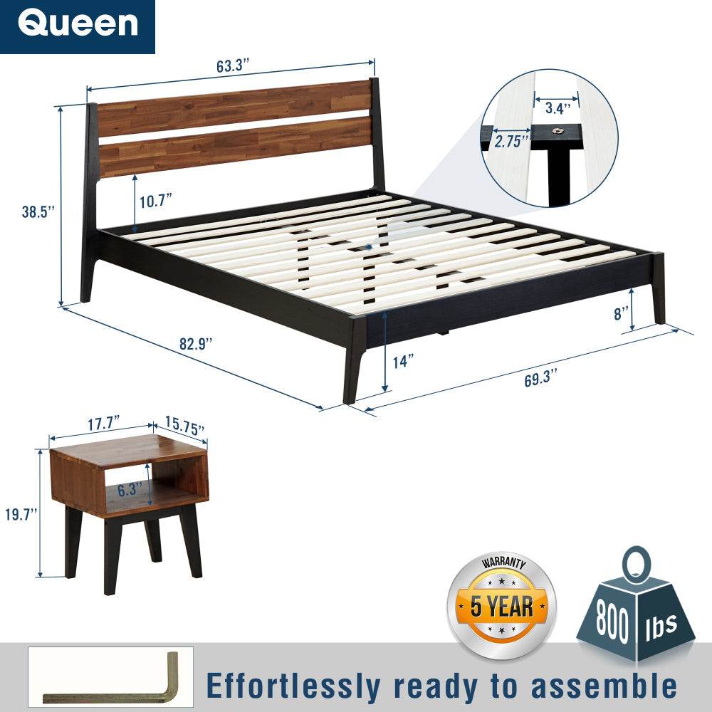 Emery Solid Wood Bed Frame & Nightstand Bedroom Set 