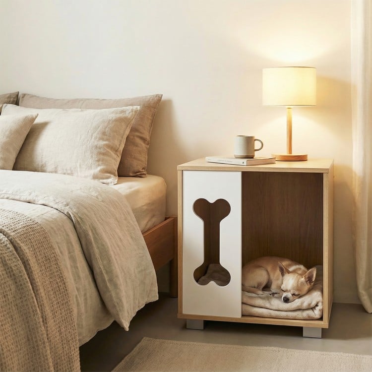 Cat Bed Side Table Wooden Cat Condo with Bone-shape Window and Thick Metal Legs-Natural