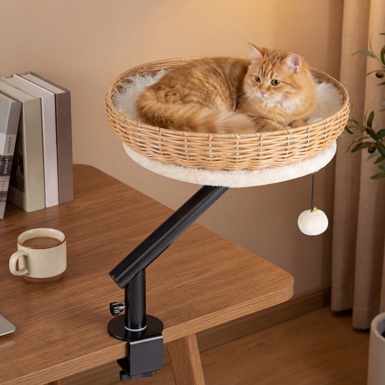 Cat Desk Bed with Removable Padded Cushion for Indoor Cats-Natural