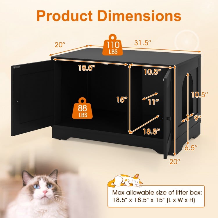 Cat Litter Box Enclosure Furniture Indoor Wooden Cat House End Side Table Nightstand-Black