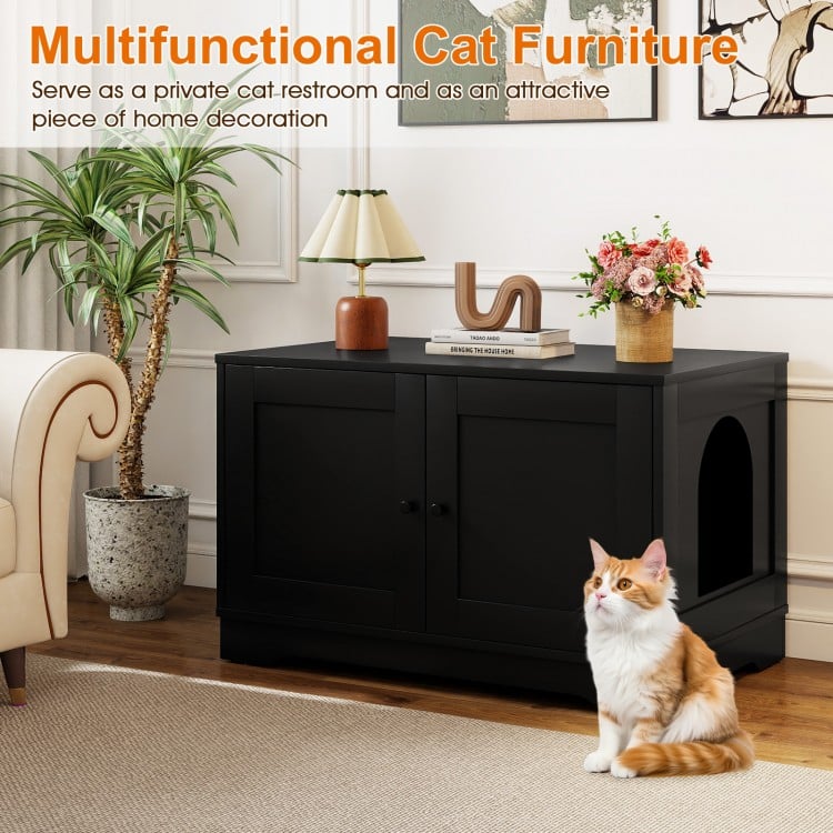 Cat Litter Box Enclosure Furniture Indoor Wooden Cat House End Side Table Nightstand-Black