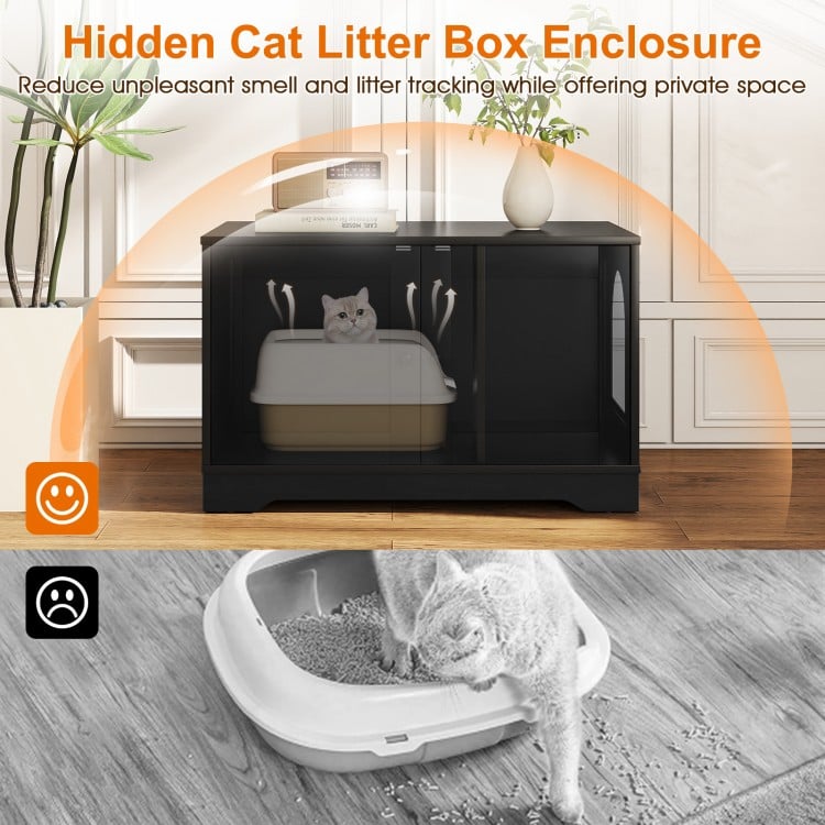 Cat Litter Box Enclosure Furniture Indoor Wooden Cat House End Side Table Nightstand-Black