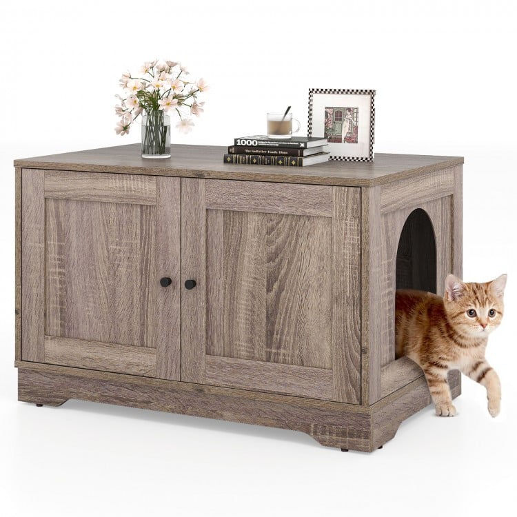 Cat Litter Box Enclosure Furniture Indoor Wooden Cat House End Side Table Nightstand-Grey