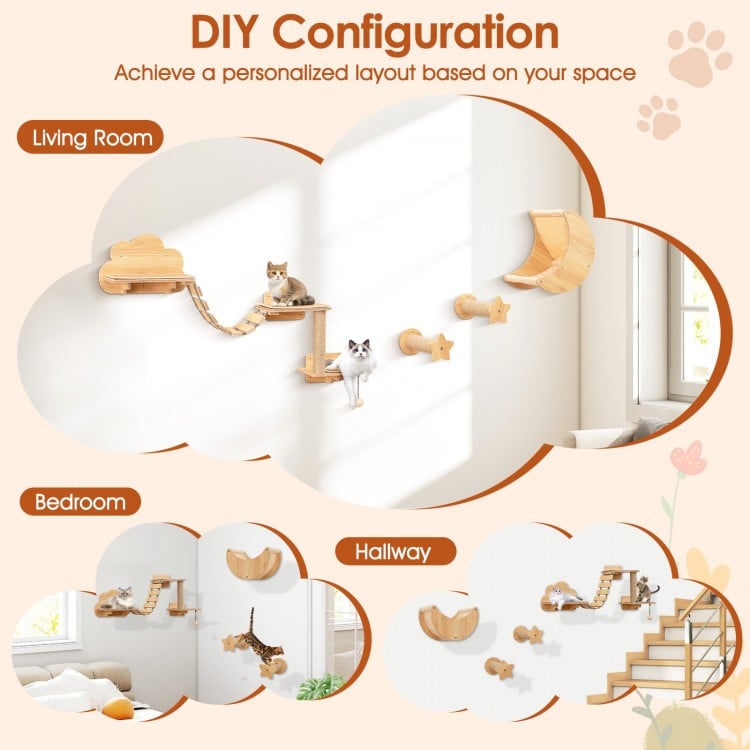 Cat Wall Furniture Set Kitten Wall Mounted Shelves with Hammock-Natural