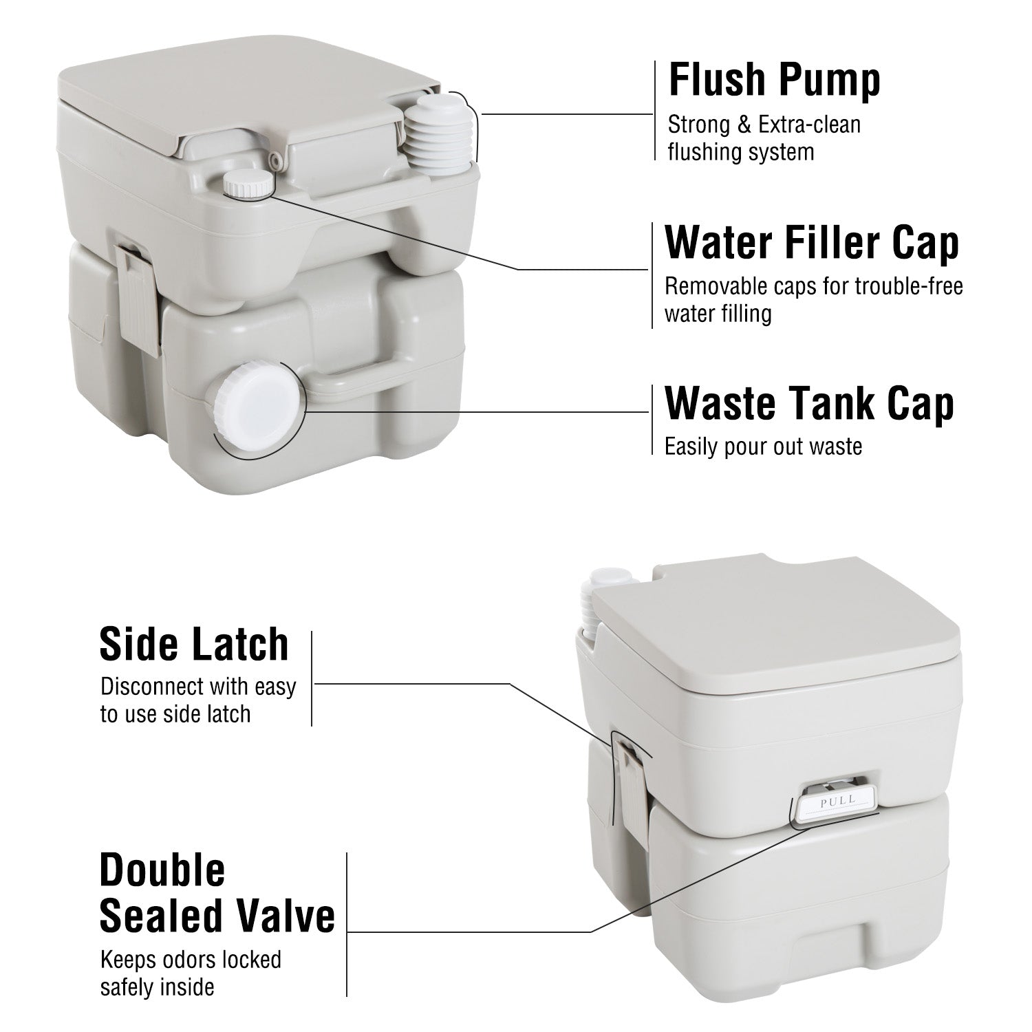 kleankin Outdoor Portable Travel Toilet Detachable Flushable Tank Easy to Use 3 Way Pistol for Camping Hiking Boating Roadtripping 