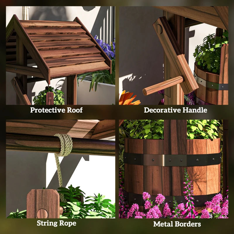 Wood Wishing Well Outdoor Wooden Planter with Hanging Bucket and Drainage Hole for Garden, Patio, Backyard, Tan