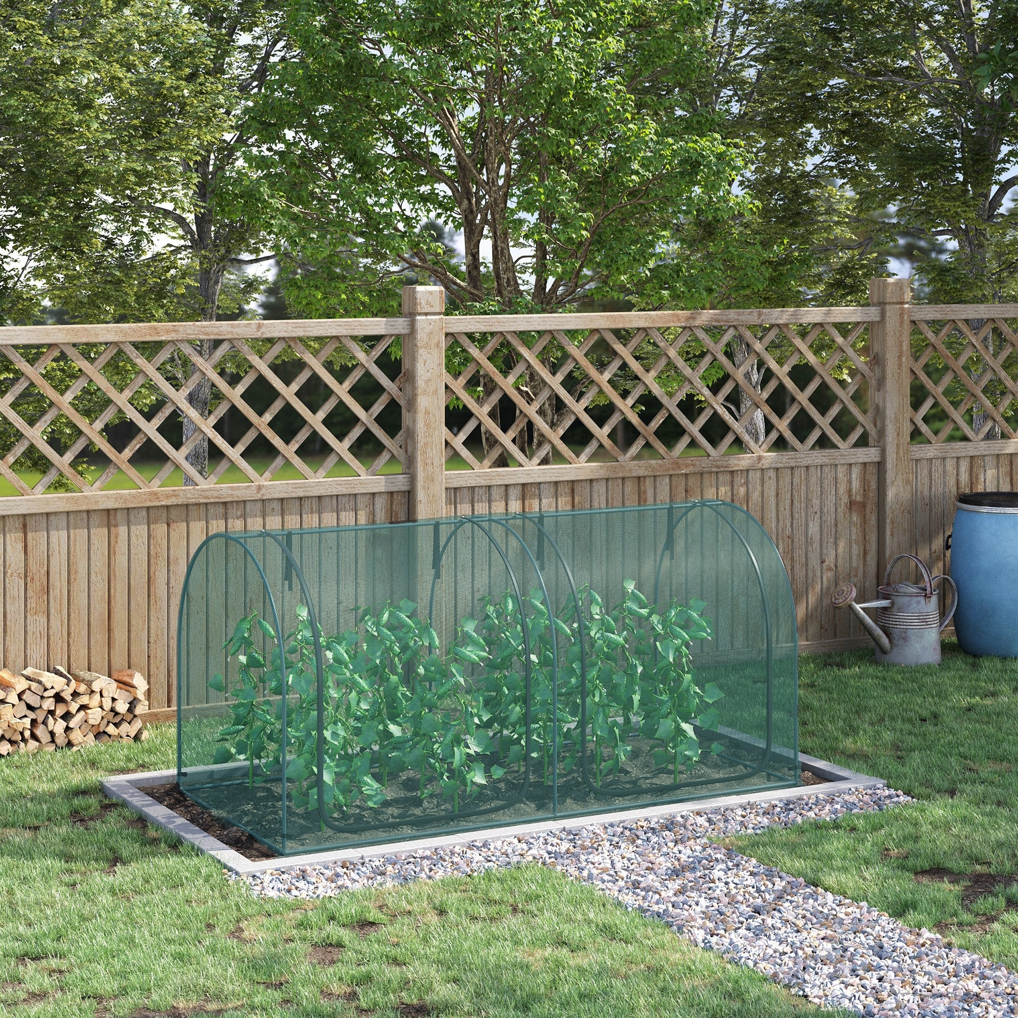 Outsunny 8' x 3' Crop Cage, Garden Plant Protector, with 3 Zippered Doors and 6 Ground Stakes, for Garden, Yard, Lawn Dark Green 