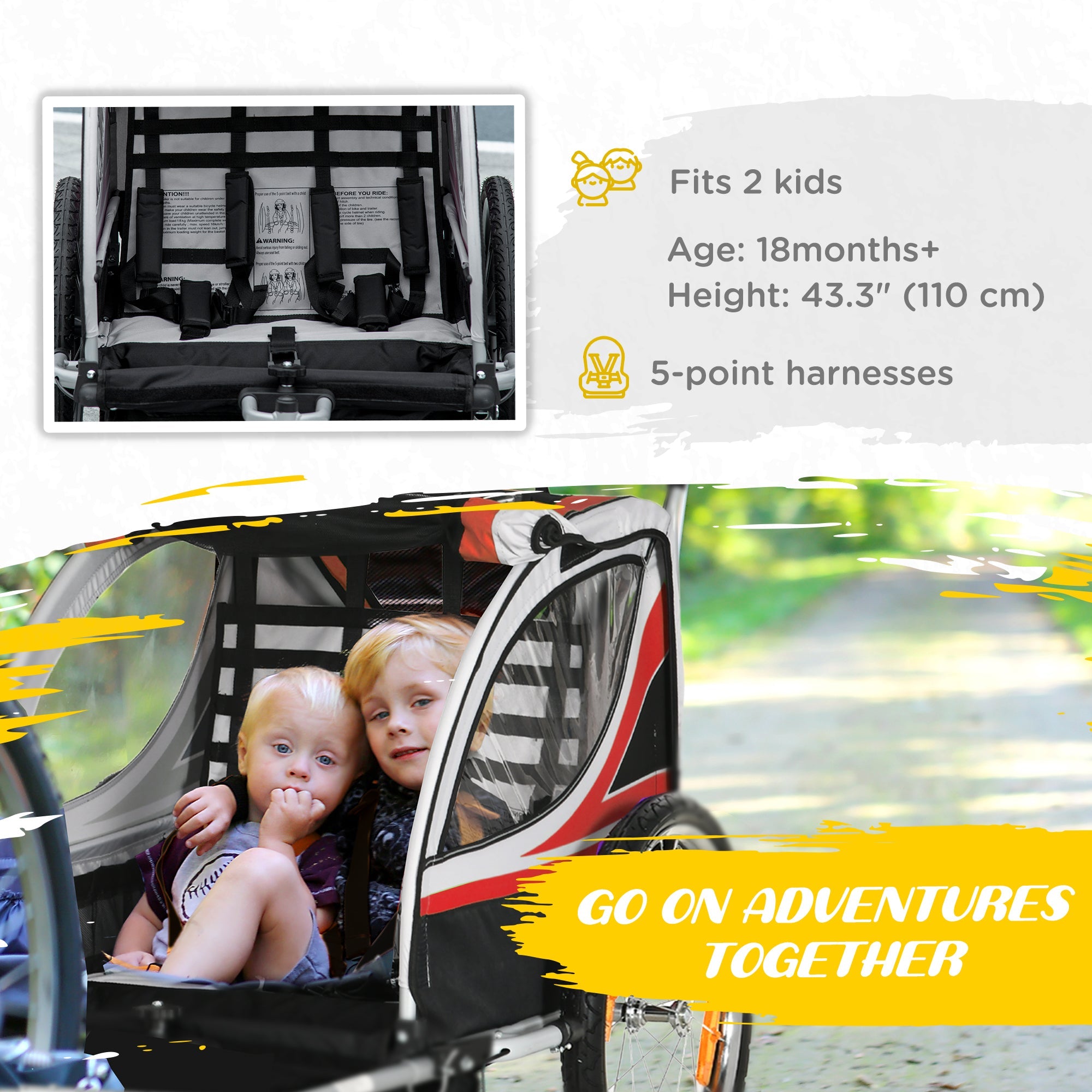 Aosom 2-in-1 Child Bike Trailer & Stroller, Safety Brake, Storage, Reflective, Red, 5-Point Harness 