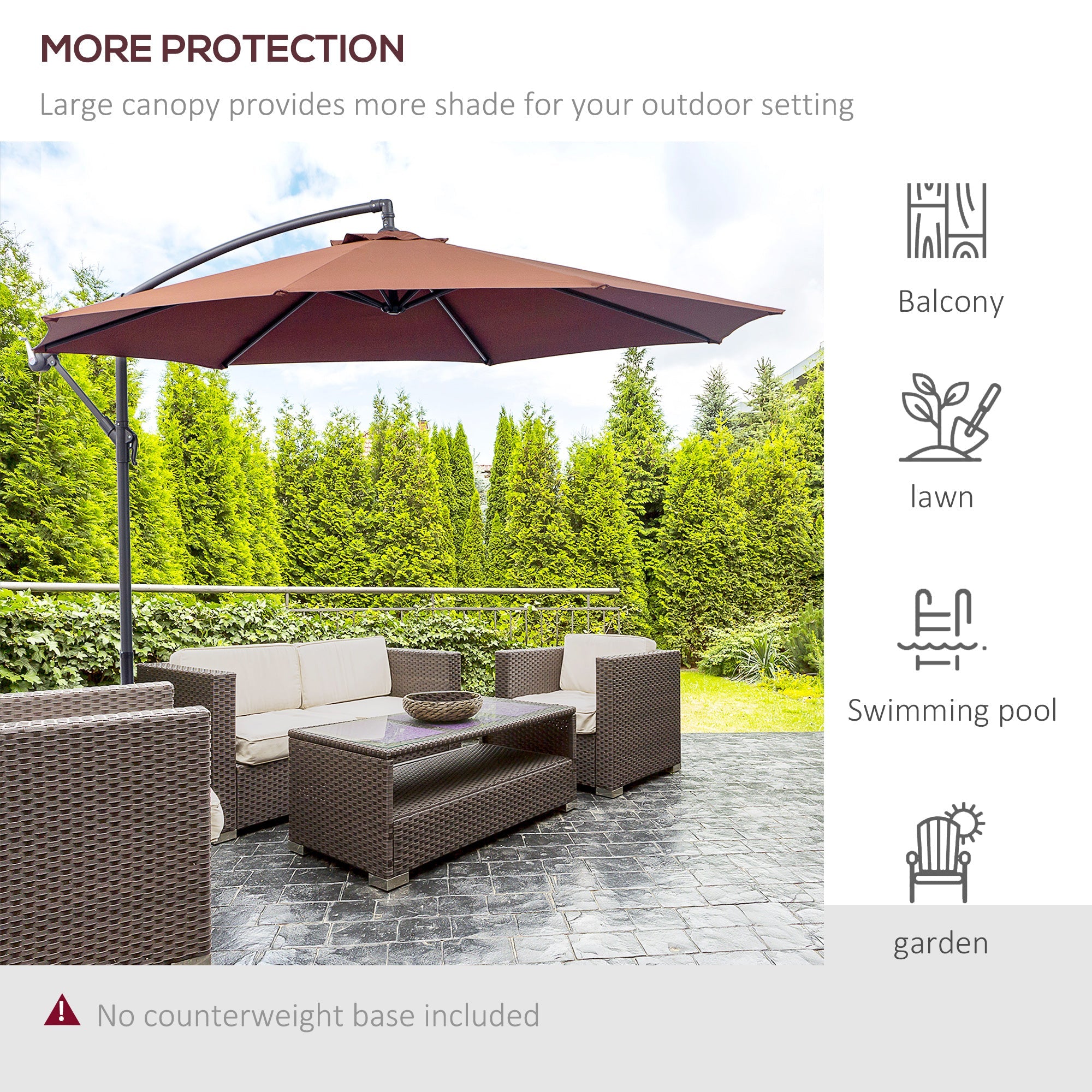 Outsunny Offset Patio Umbrella: Φ10' Deluxe Outdoor Banana Hanging Parasol with Sunshade, Crank & Base, Coffee 