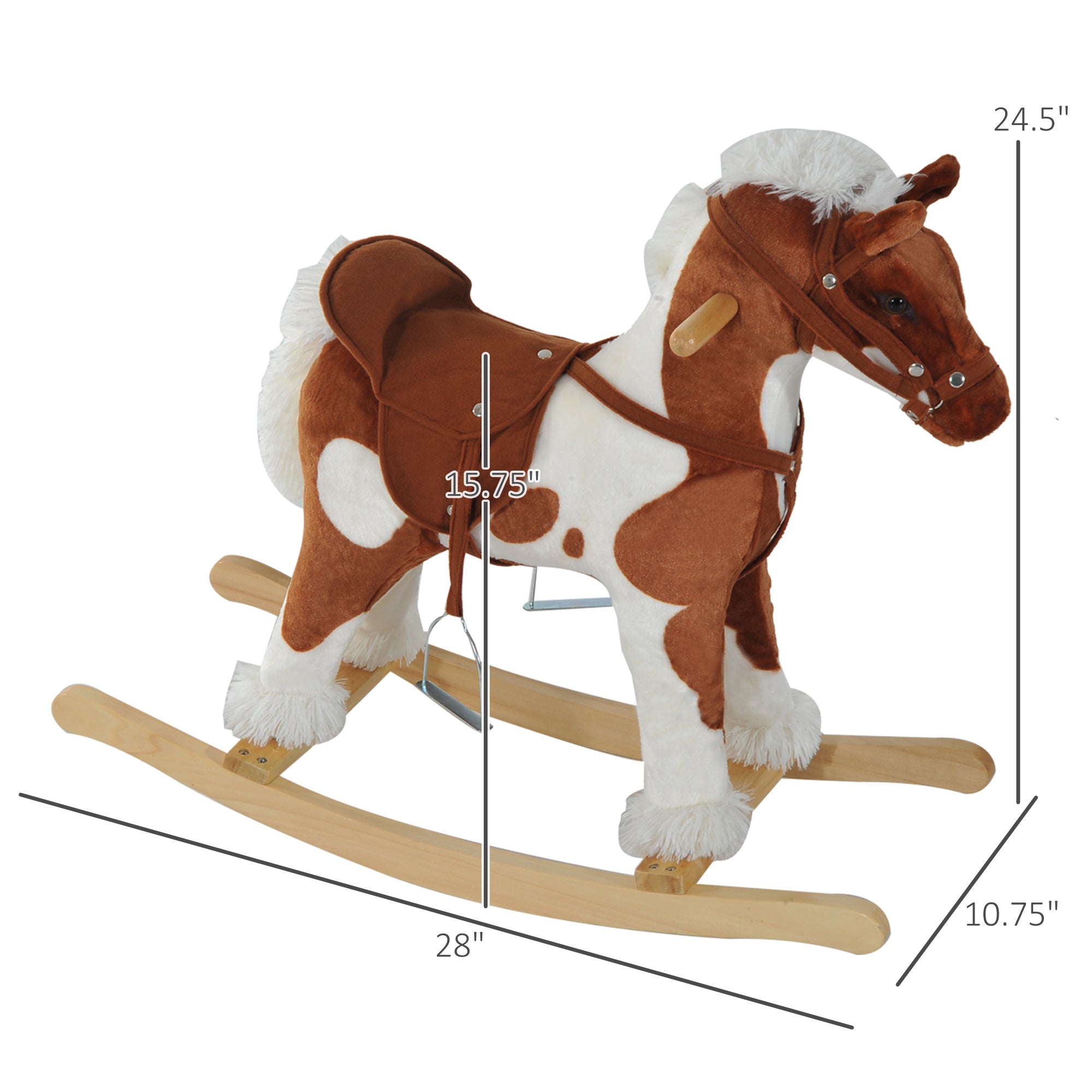 Qaba Kids Metal Plush Ride-On Rocking Horse Chair Toy w/ Nursery Rhyme Music - Light Brown / White 
