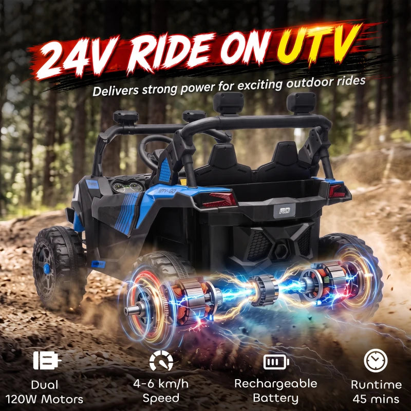 24V 2-Seater Kids Electric UTV Ride-On Truck – Dual 120W Motors, Remote Control, 4-Wheel Suspension & Storage Bed
