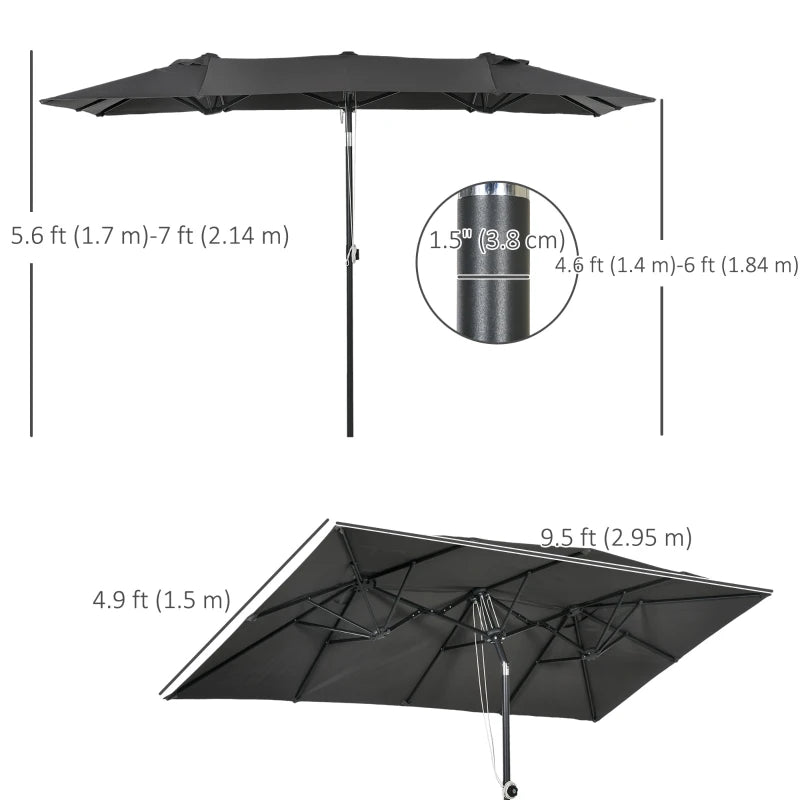 Double-Sided Patio Umbrella Parasol with Tilt, Adjustable Height, Vents and 12 Ribs, for Garden, Deck, Grey