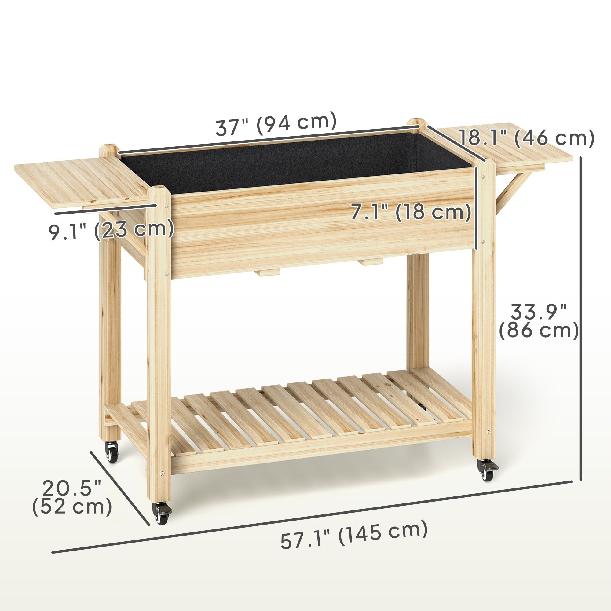 Outsunny Raised Garden Bed, Wood Planter Box with Lockable Wheels, Side Tables, Bottom Shelf, Bed Liner, Drain Holes, Natural 