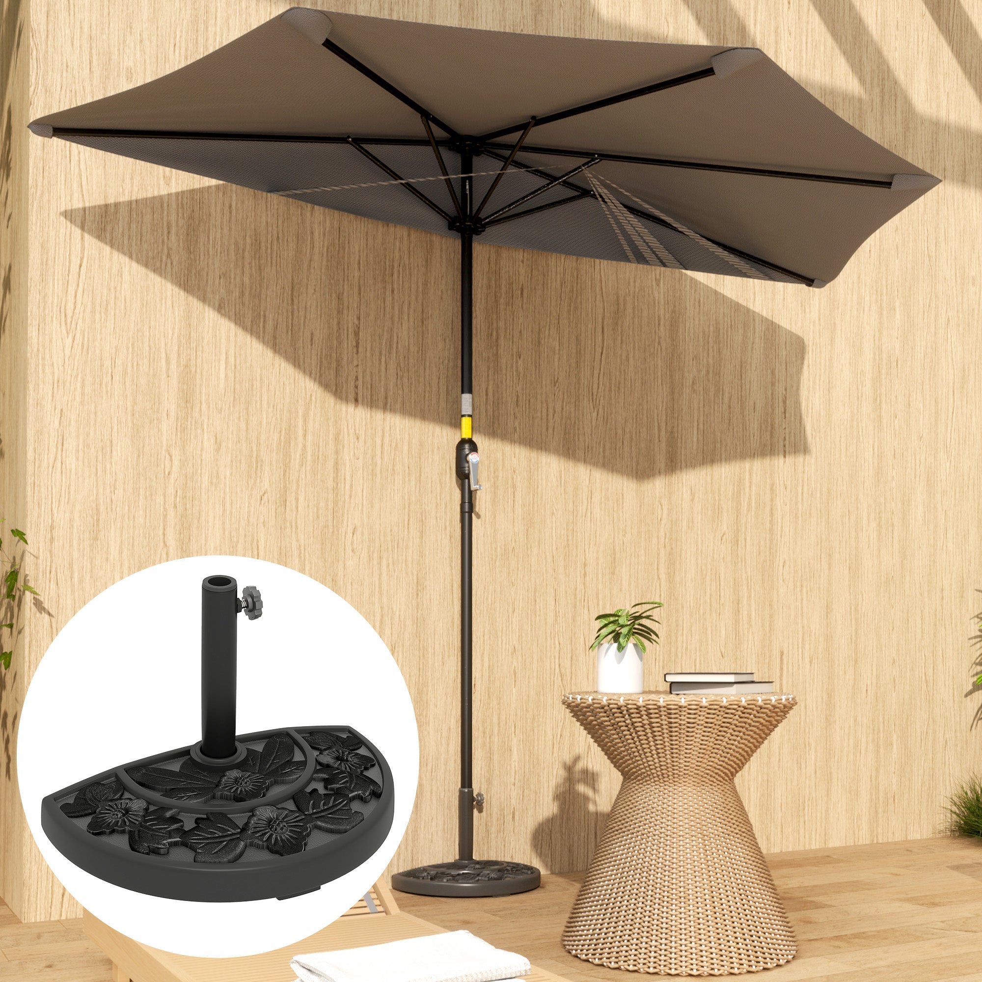 Outsunny Half Umbrella Base, 21 lbs Concrete Half Umbrella Stand Outdoor Umbrella Base with Flower-Leaf Design, Patio Umbrella Stand for Outdoor Lawn Poolside, Black 