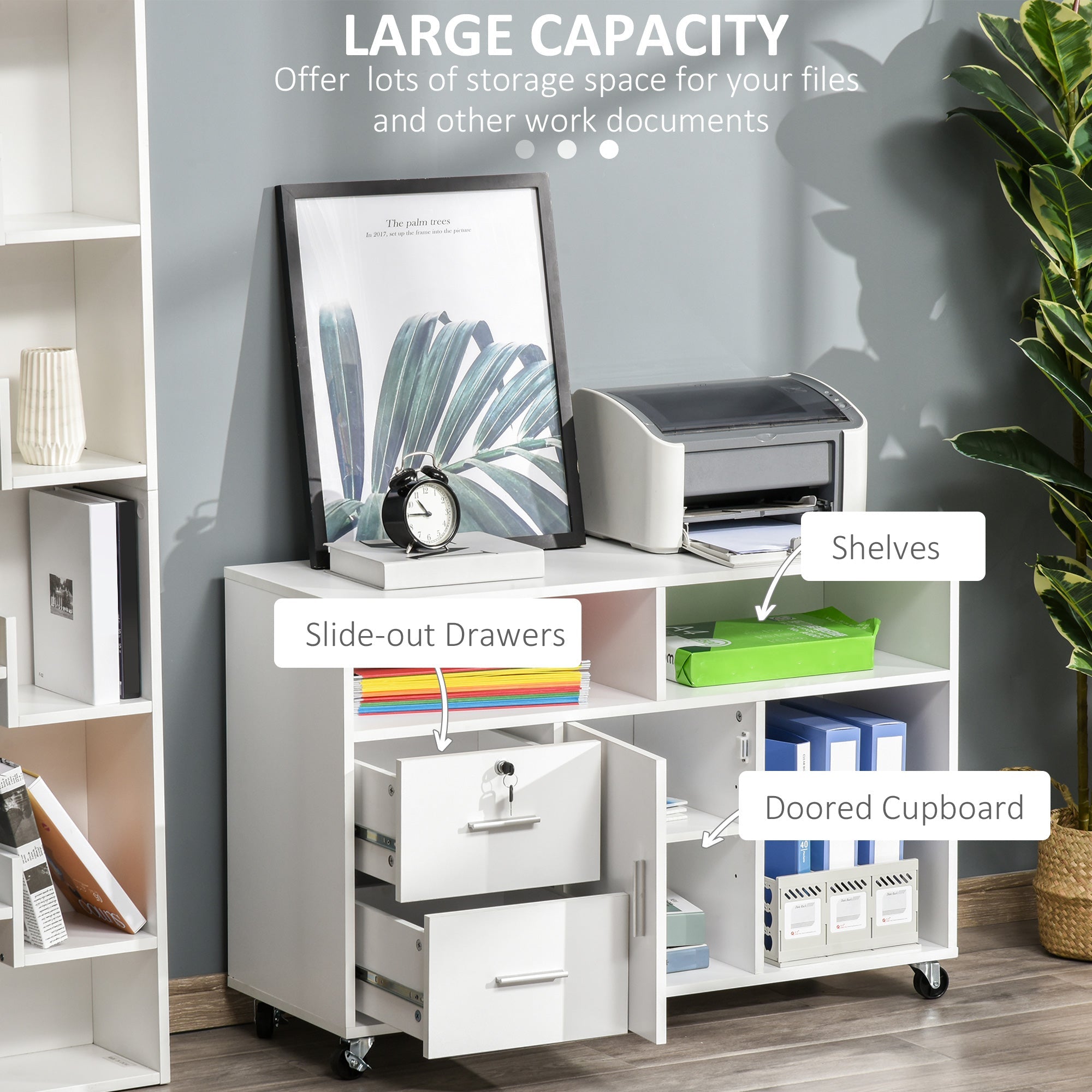 HOMCOM Mobile Printer Stand: File Cabinet with Lockable Drawer & Casters for Home Office, White 