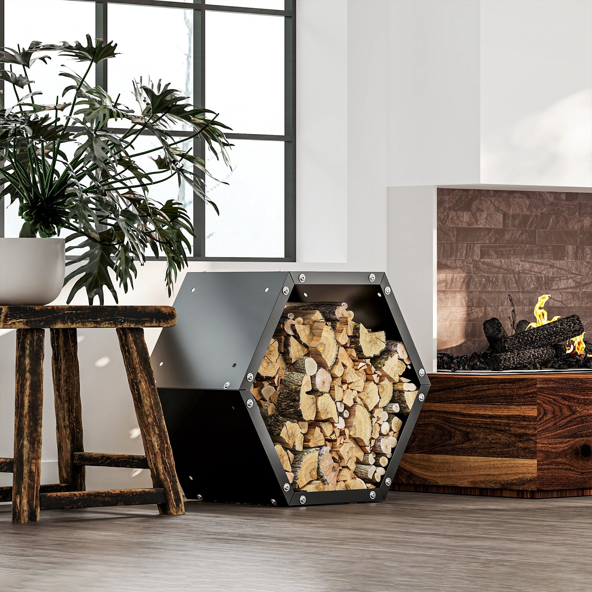 Outsunny Hexagon Firewood Log Rack Heavy-Duty Steel Log Holder for Outdoor Indoor Use, 25.6" x 14.6" x 22.4", Black 