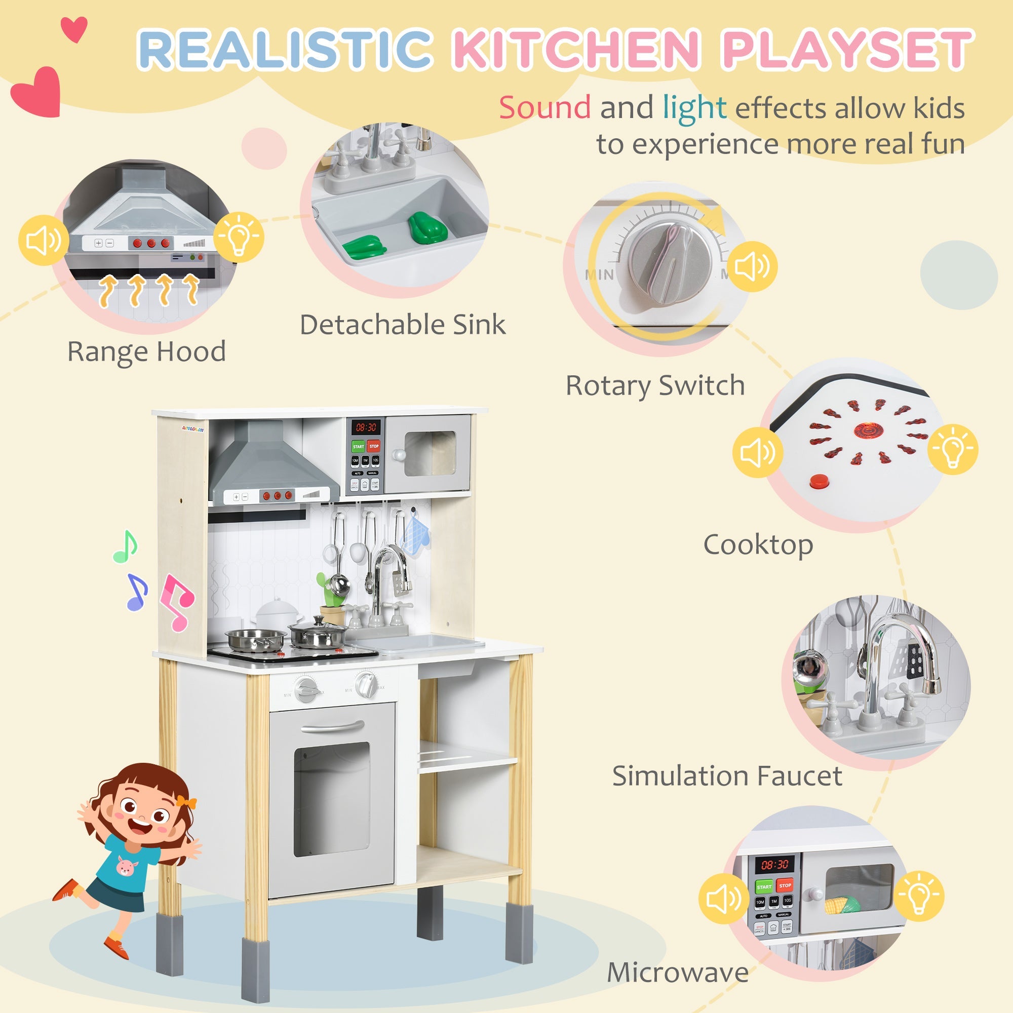 Qaba Interactive Wooden Kitchen Set for Kids - Realistic Lights, Sounds, Adjustable Height, Complete with Microwave and Hood 