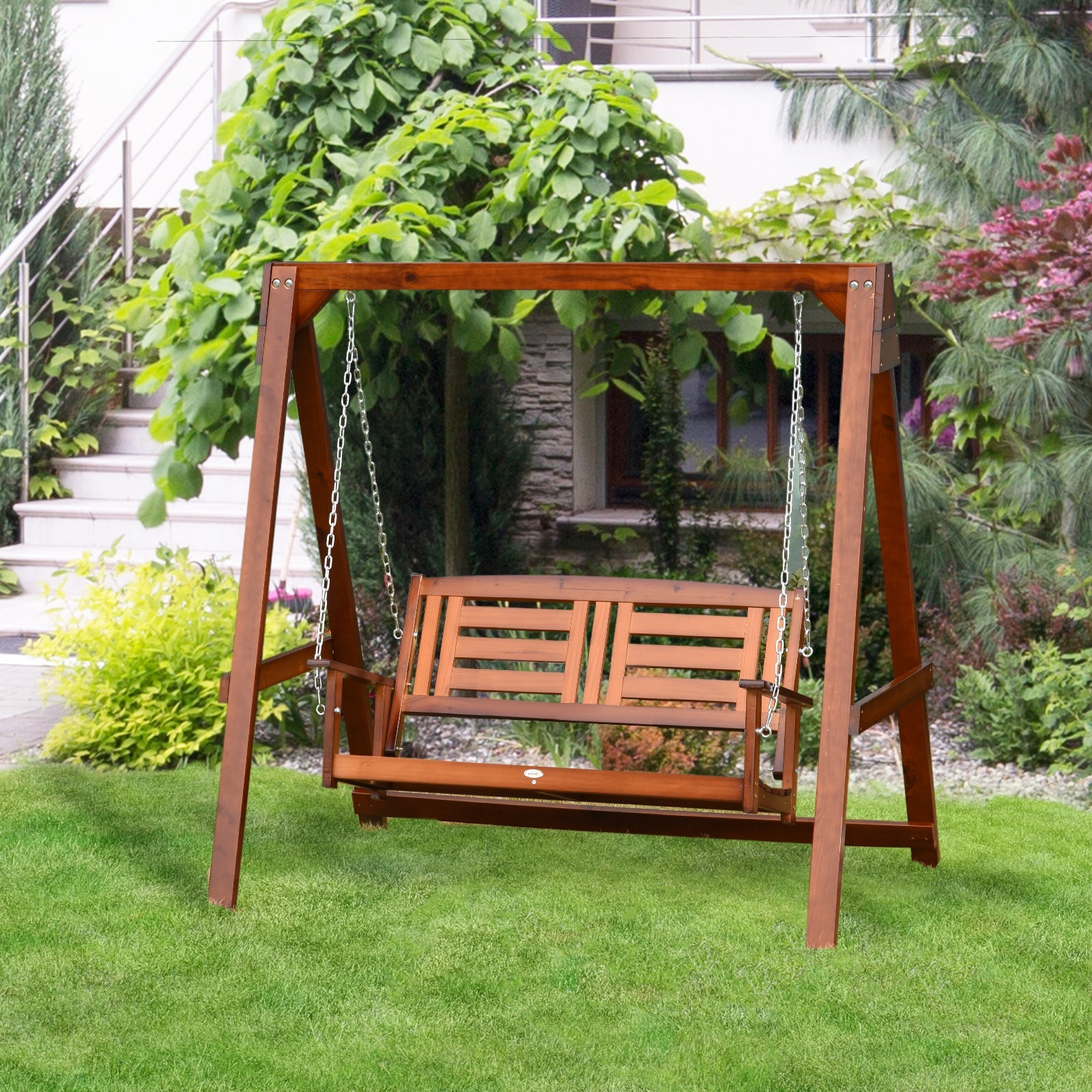 Outsunny 2 Seater Wooden Patio Swing with Stand Adjustable Chains for Garden Poolside Backyard 