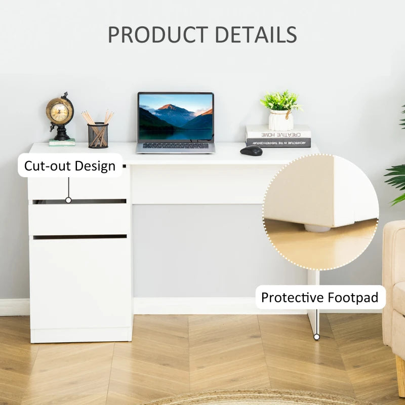 Modern Computer Desk, Home Office Desk for Study, Writing Workstation with Storage Drawer and Cabinet for Living Room, White