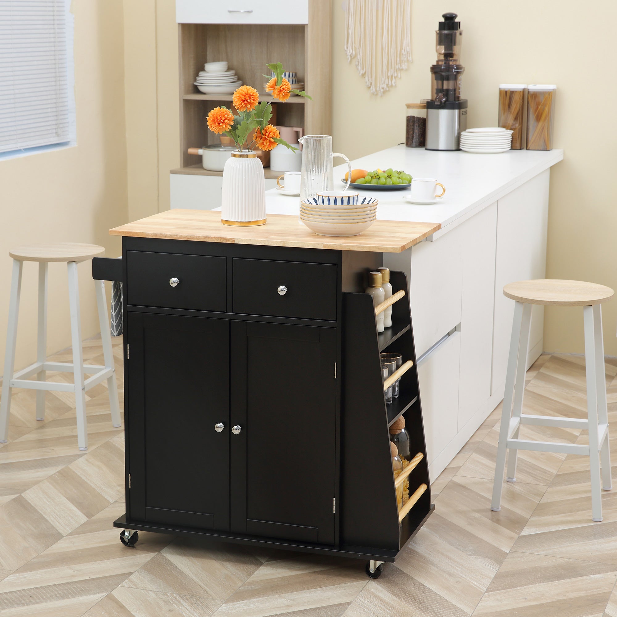 HOMCOM Kitchen Essentials: Rubber Wood Top Trolley Cart, 3-Tier Spice Rack, Towel Bar Storage, Black Finish 