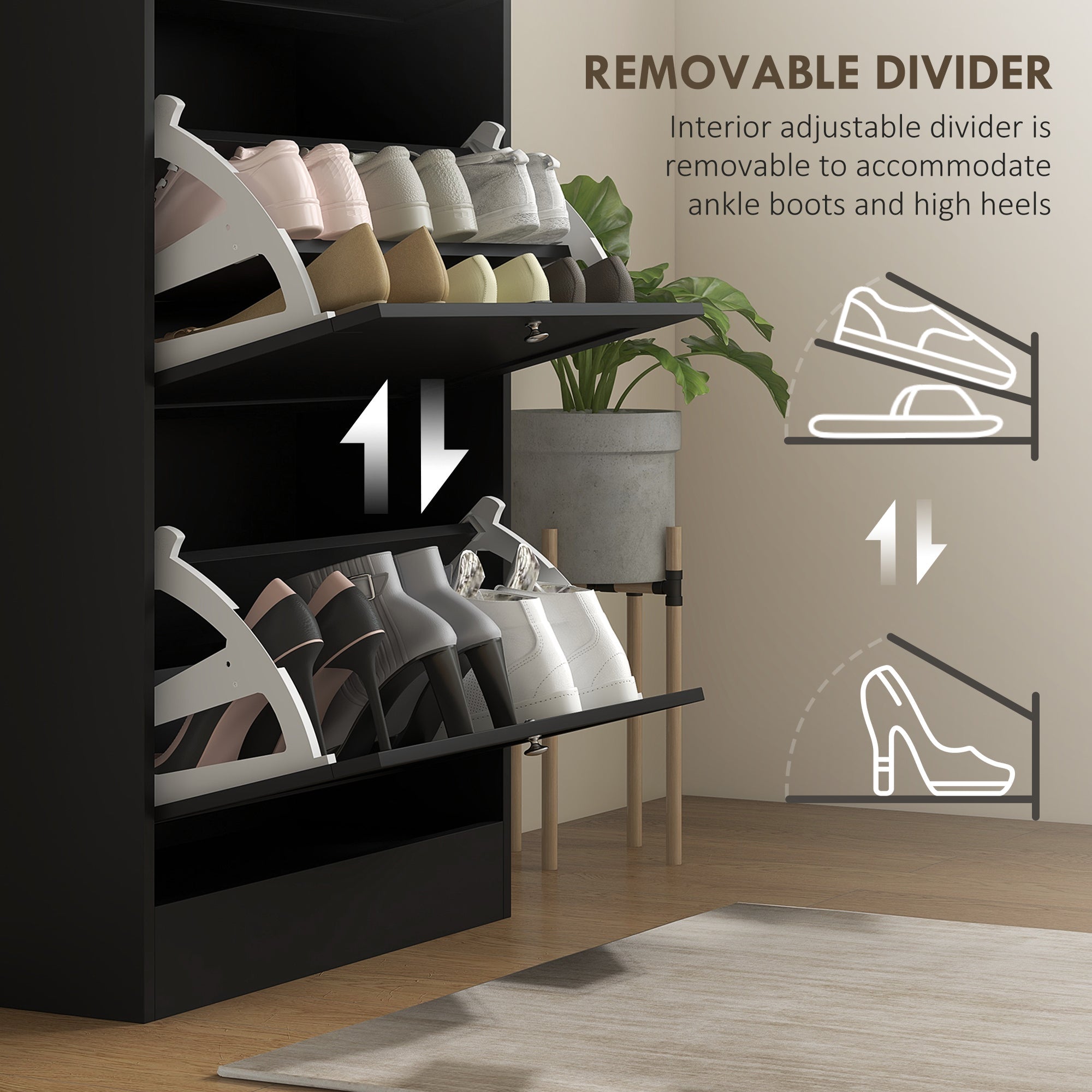 HOMCOM Modern Shoe Storage Cabinet with 3 Flip Drawers Adjustable Shelves for 18 Pairs Black 