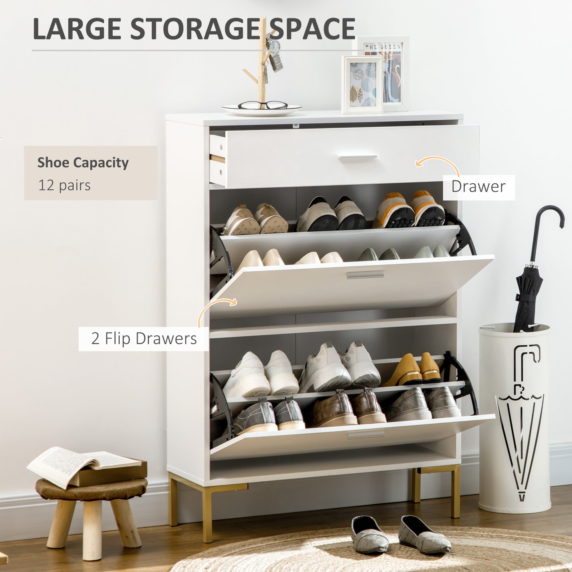 HOMCOM Modern Shoe Cabinet: 12-Pair Storage Organizer with 2 Flip Doors, Drawer & Adjustable Shelf, White 