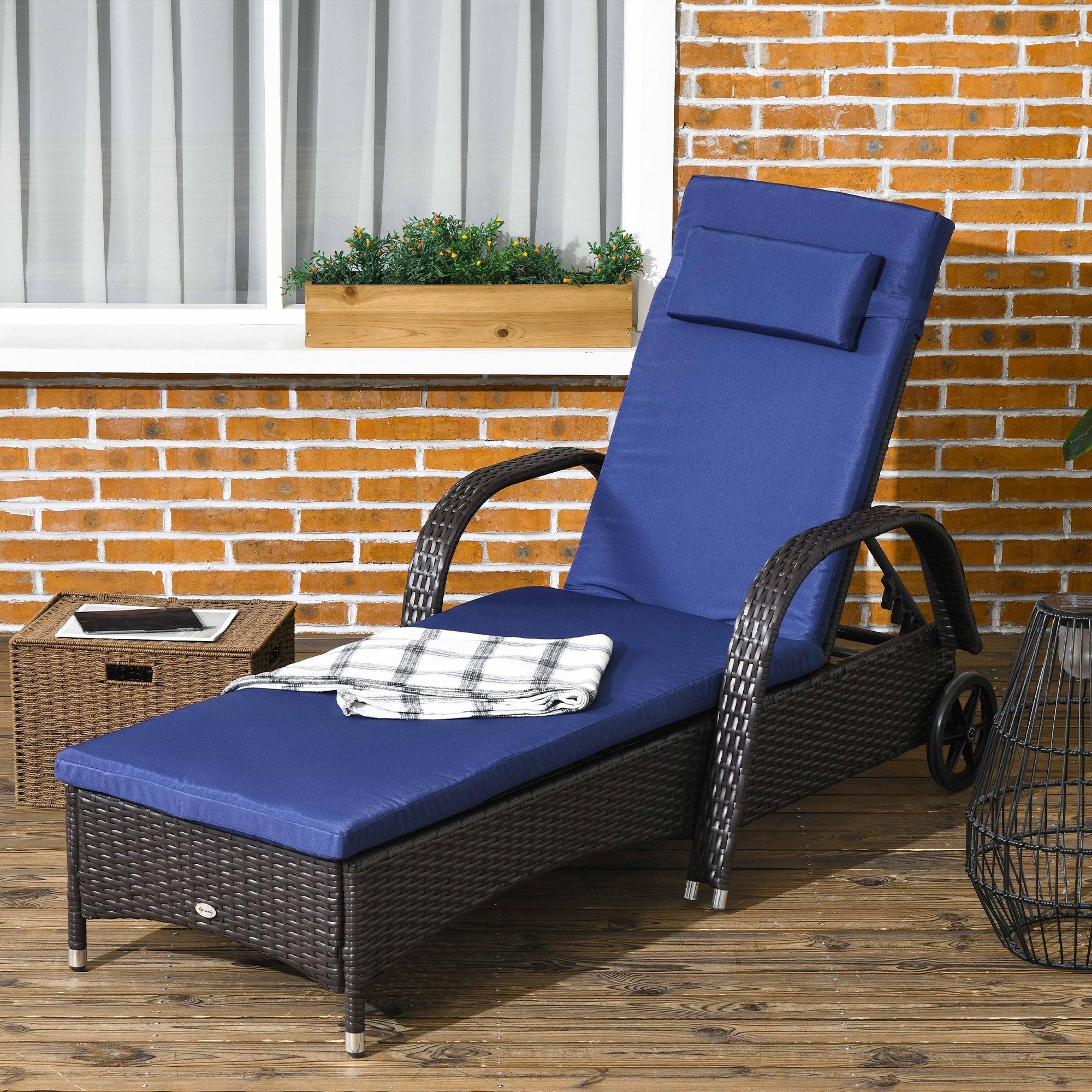 Outsunny Outdoor Lounger Deck Chair with Headrest 5-Level Adjustable Backrest Wheels Deep Coffee Navy Blue 