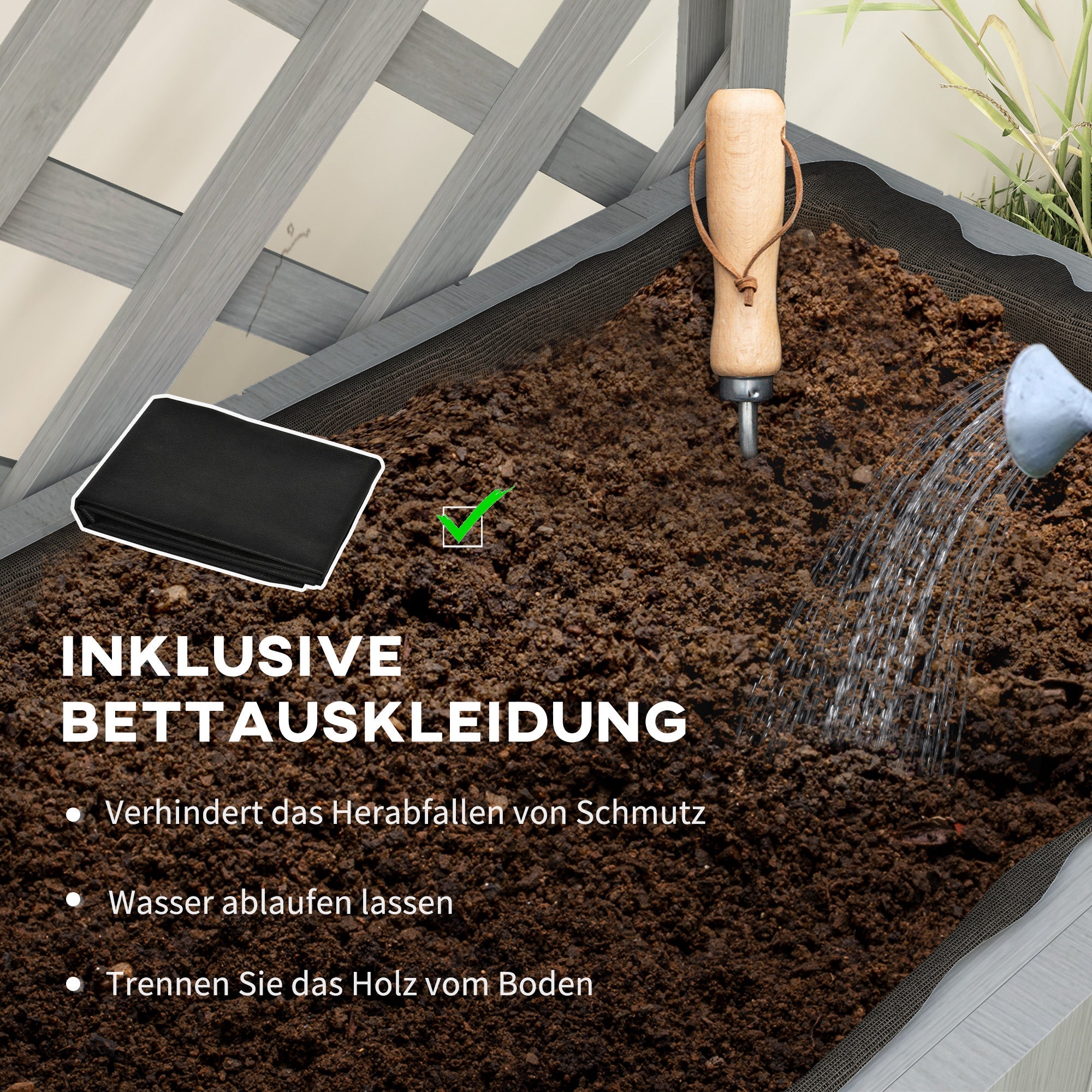 Outsunny Raised Garden Bed, Wooden Planter with Trellis, Hanging Roof, Plant Shelf, Drainage Holes and Bed Liner, Grey 