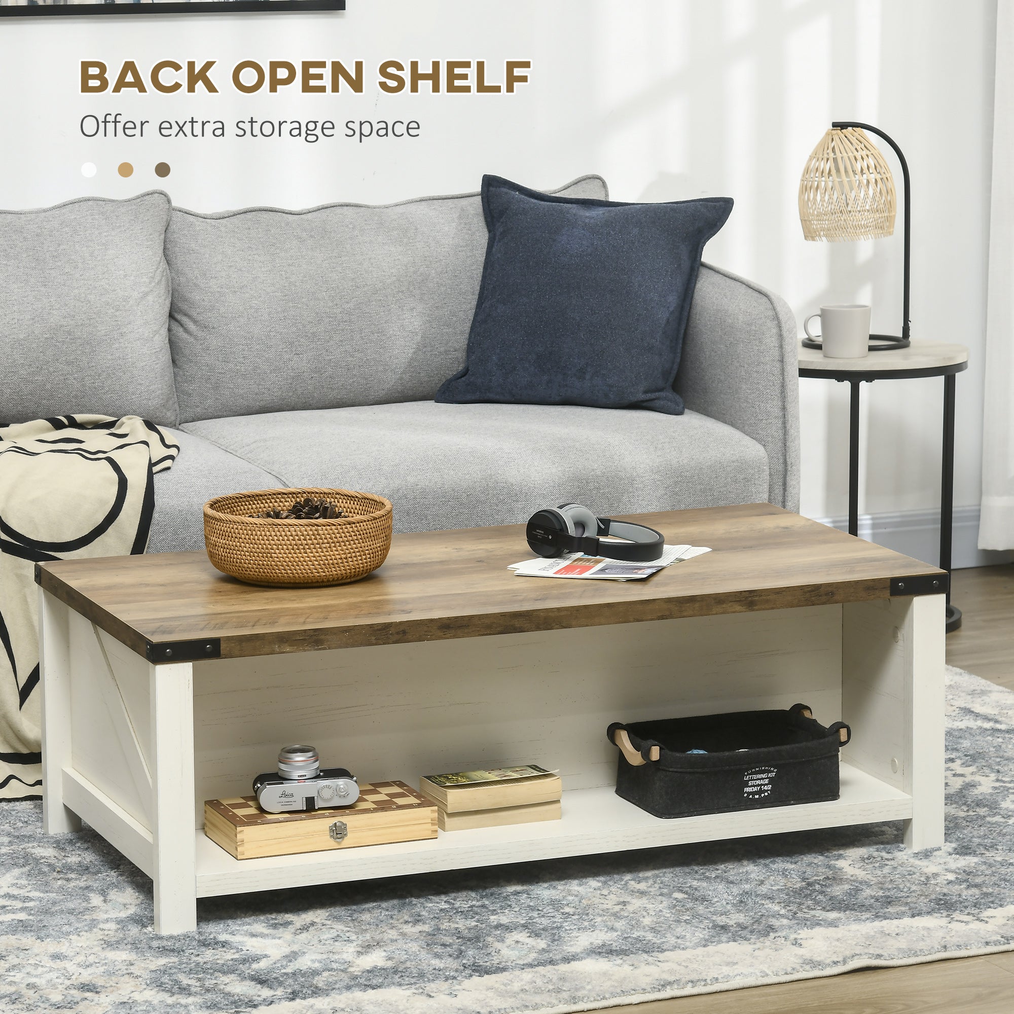 HOMCOM Rustic Farmhouse Coffee Table, Charming Living Room Centerpiece with Drawer & Storage Shelf, Cozy White 
