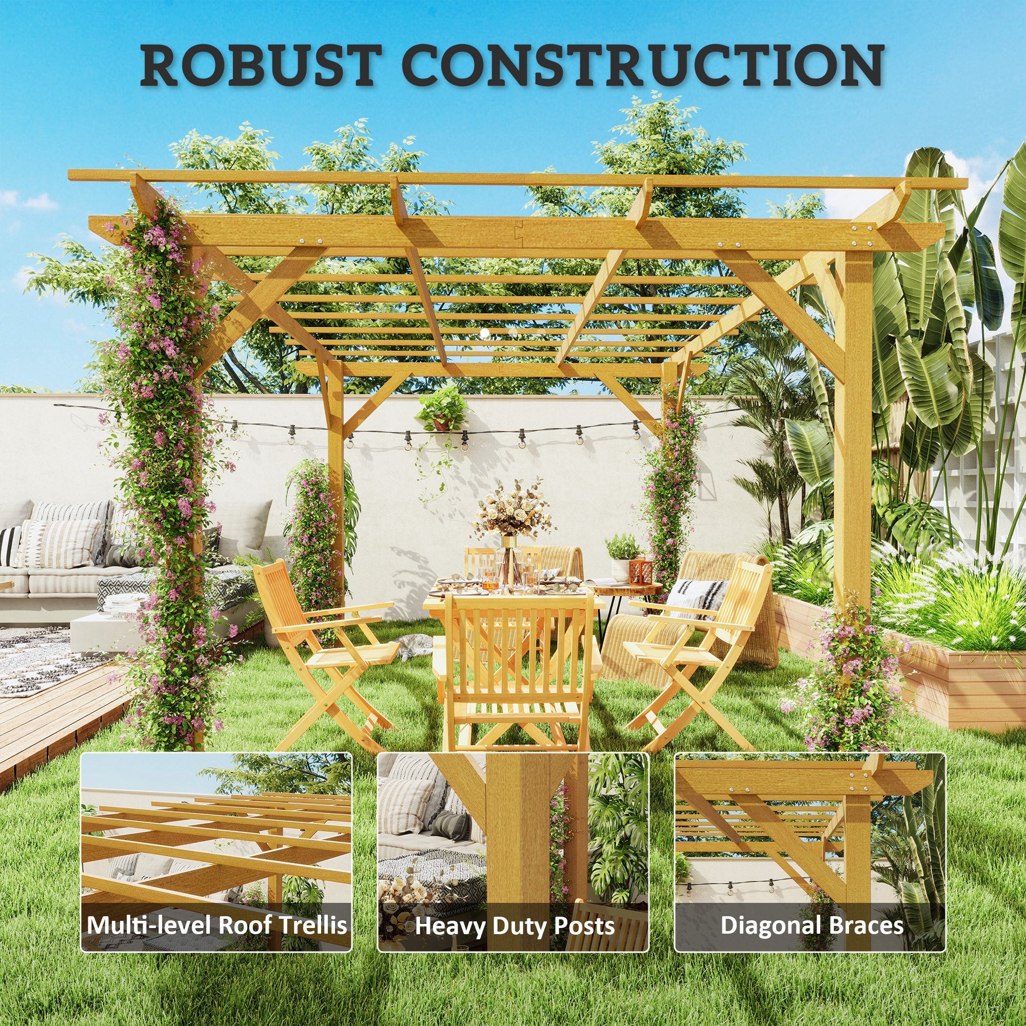 Outsunny 10' x 13' Wood Pergola, Outdoor Gazebo Grape Trellis for Climbing Plant Support, Garden, Patio, Backyard, Nature Wood 