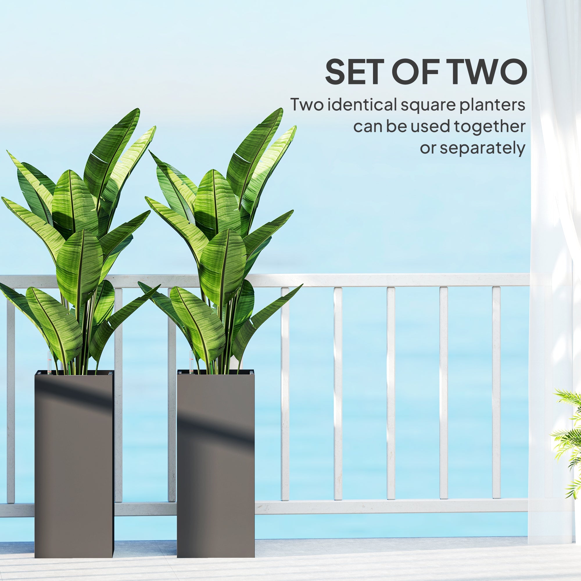 Outsunny 2 Pack Planter Box, 11 Inch Plastic Flower Pots with Water Level Indicator, Drainage Hole and Drain Plug, Dark Grey 