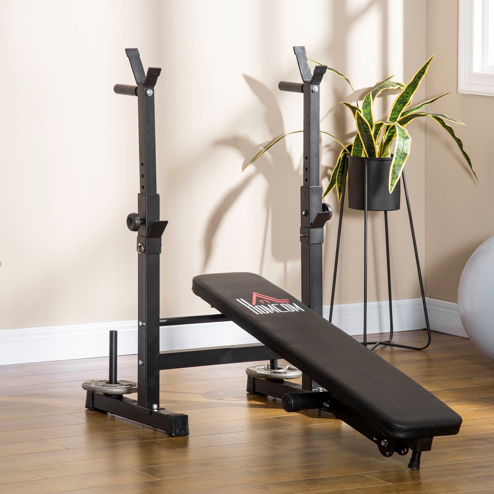 Soozier Strength Training Bench Adjustable Foldable Bench Press with Barbell Rack & Dip Station Black 