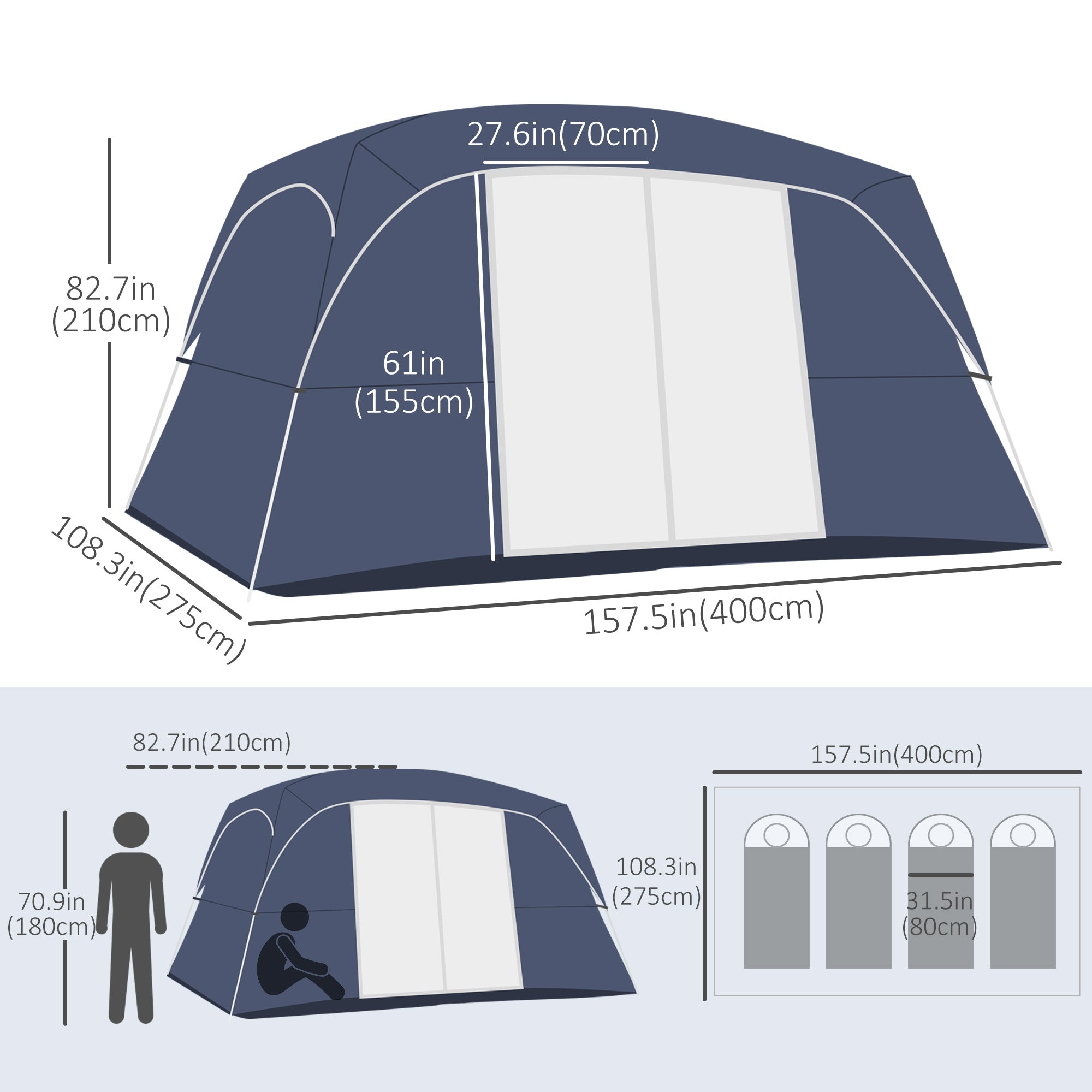 Outsunny Camping Tent, Family Tent 4-8 Person 2 Room, with Large Mesh Windows, Easy Set Up 13'L x 9'W x 7'H, Blue 