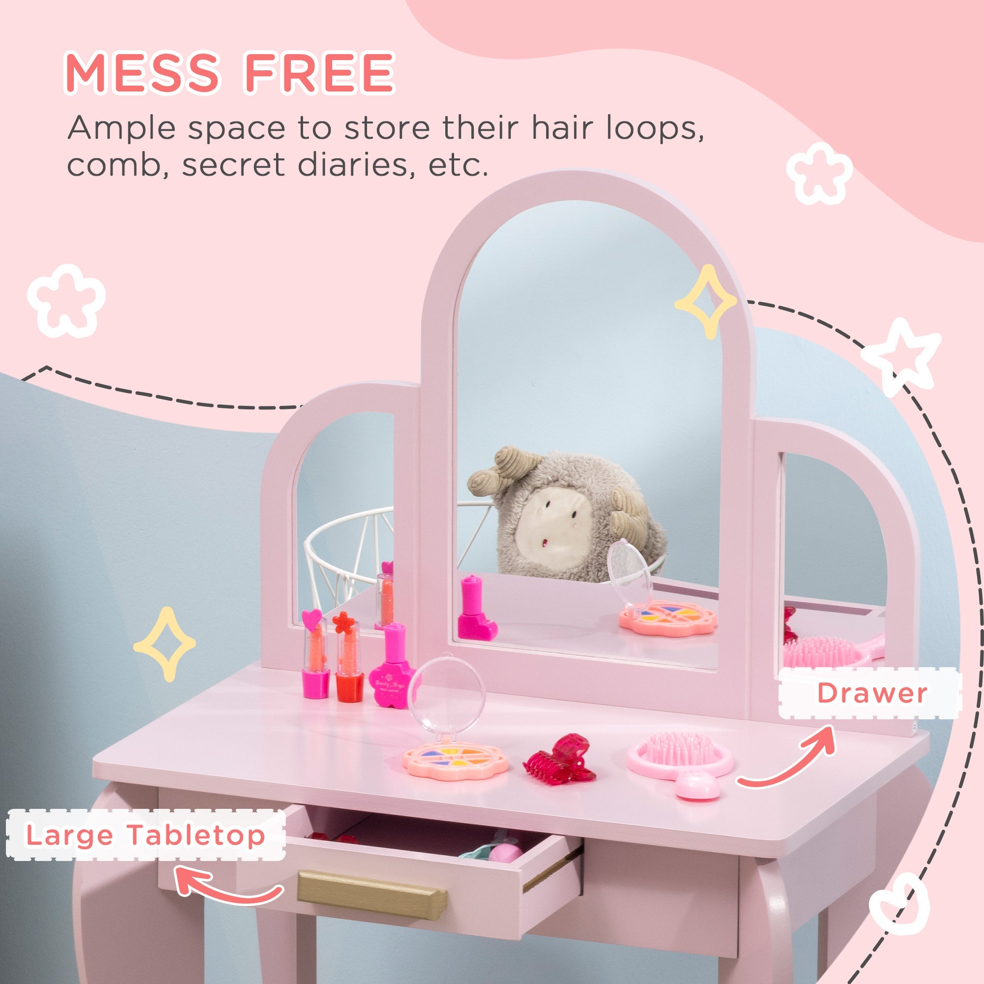 Qaba Kids Dressing Vanity: Makeup Table with Drawer, Chair for Ages 3-6, Pink 