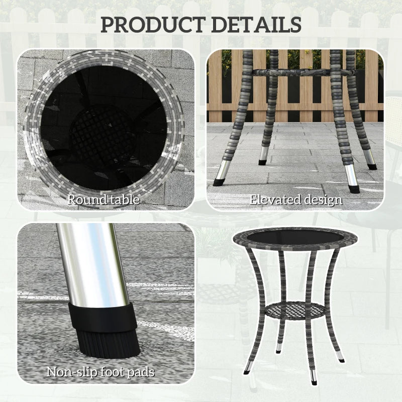 Outdoor Rattan Dining Table, Patio Wicker Round Coffee Table with 2-Tier Storage Shelf, Mixed Grey