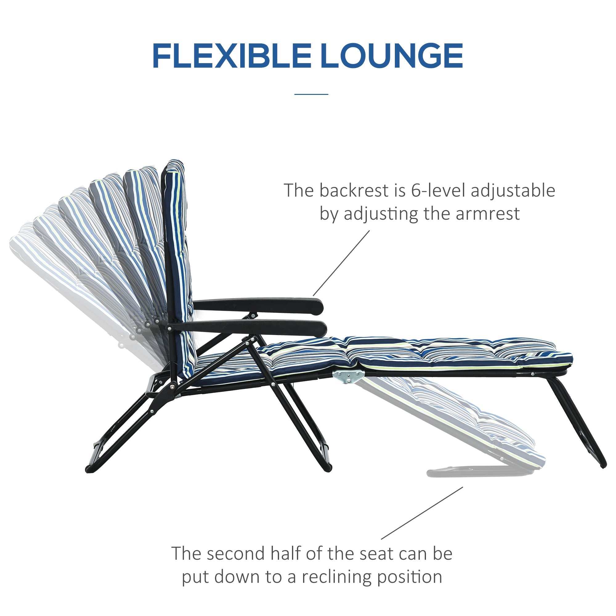 Outsunny Foldable Lounge Chair, Reclining Patio Sun Lounger with 6-Position Adjustable Back, Blue and White 