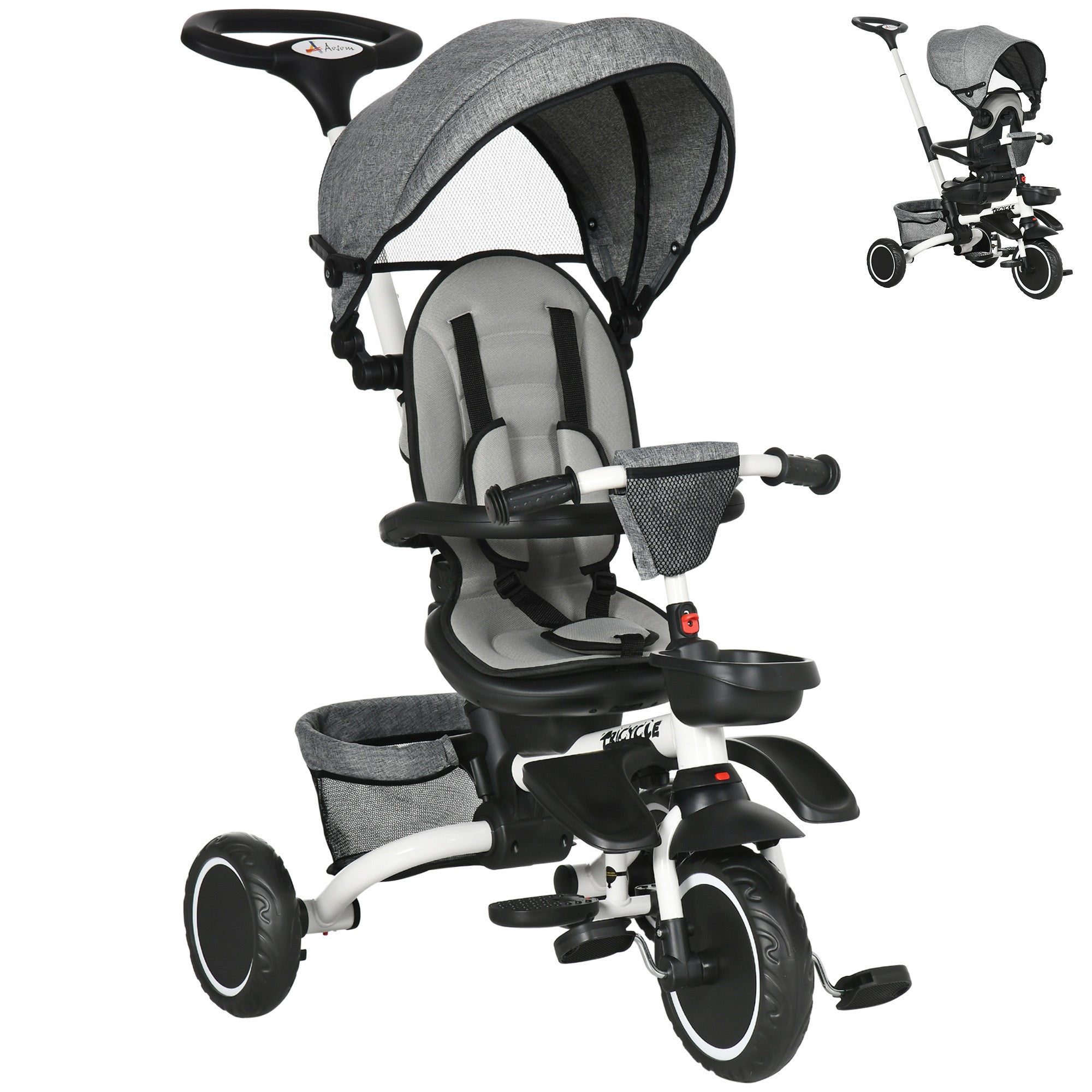 Aosom 7-in-1 Toddler Tricycle, Kids Trike with Rotatable Seat, Adjustable Push Handle, Safety Harness, Detachable Canopy, Footrest| Aosom Canada 