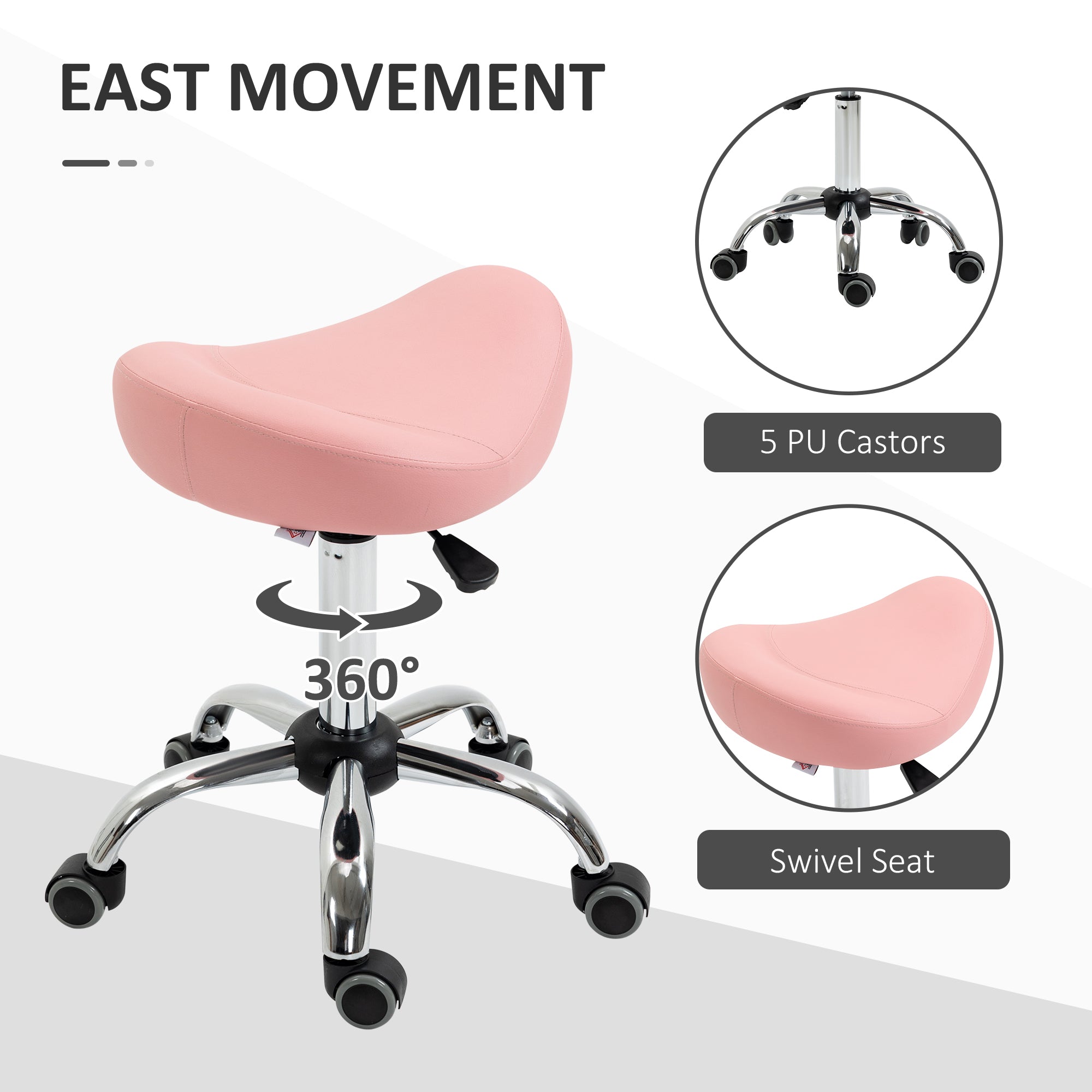 HOMCOM Saddle Stool Chic: Height Adjustable Rolling Salon Chair in Pink PU Leather for Massage, Spa, Clinic, Beauty, and Tattoo 