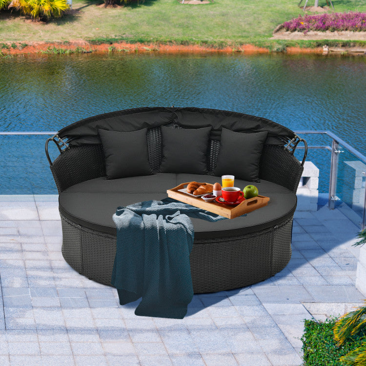 Clamshell Patio Round Daybed with Retractable Canopy, Cushions & Throw Pillows